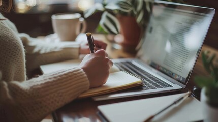 a closeup photo of a person taking notes while studying and working using notebook laptop. drinking coffee on the table in the morning. cozy atmosphere. wallpaper background for ads, web design, sites