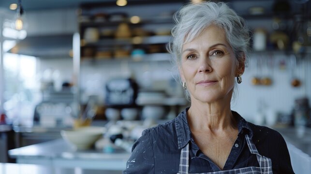 Confident Senior Female Chef in Professional Kitchen Setting - Powered by Adobe
