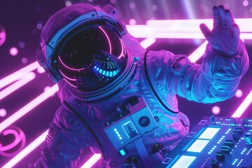 Fototapeta premium surreal astronaut dj at neonlit space rave mixing cosmic beats floating cocktail orbs zerogravity dance floor
