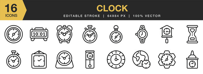 Set of 16 Clock icon set. Editable Stroke Icon Collection. Includes Clock Icons and More. Outline icons vector collection.