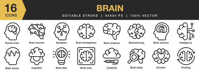 Set of 16 Brain icon set. Editable Stroke Icon Collection. Includes brain anatomy, brain idea, brain waves, creativity, cognition, and More. Outline icons vector collection.