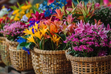 Intricately woven baskets overflow with colorful flowers, marking the country's national flower festival. The arrangement is a stunning display of cultural heritage and beauty.