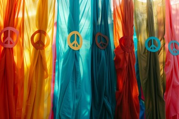 Colorful fabric banners adorned with symbols of peace and unity, celebrating [country]'s national peace day. The banners are waving gently in the wind, conveying a sense of harmony and togetherness.