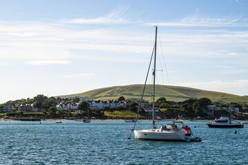 Fototapeta premium Yachts and boats on Swanage Bay, Swanage, Dorset, England