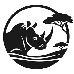 Clean black and white vector Silhouette of a Black rhinoceros  isolated on white background