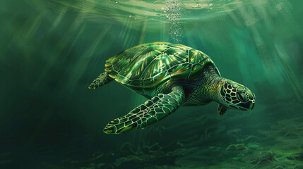 Green sea turtle swimming underwater in the deep ocean