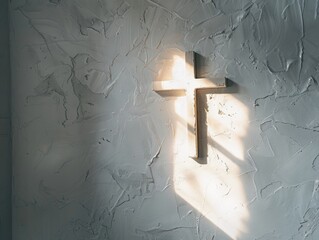 A cross is mounted on a wall with a beam of light shining through, creating a sense of reverence and peace