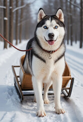 Naklejka premium A majestic Siberian Husky pulling a sled through the snow. 