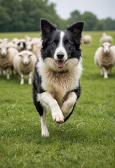 Fototapeta premium A loyal Border Collie herding sheep in a green meadow. 