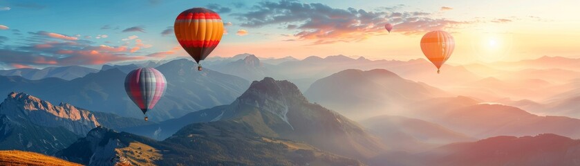 Balloons over Mountains Focus on balloons floating over mountain peaks with a scenic background 