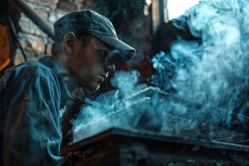 Chimney sweep conducting a smoke test to check for leaks and ensure proper chimney function. The worker is shown carefully observing the smoke, demonstrating the importance of thorough testing in