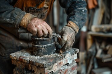 Chimney sweep cleaning a wood stove chimney pipe, focusing on the hands and tools in action. The image captures the detailed work involved in ensuring proper ventilation and safety in homes using