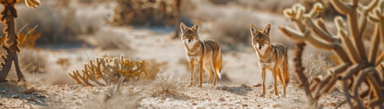 Coyotes in Summer Desert Focus on coyotes roaming in a summer desert with cacti and dry terrain 