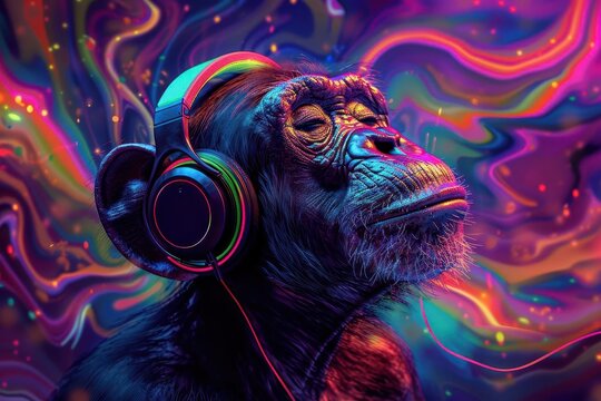 surreal portrait of partyready monkey wearing neon headphones vibrant abstract background with swirling colors psychedelic patterns and dynamic composition