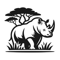 Clean black and white vector Silhouette of a White Rhino isolated on white background