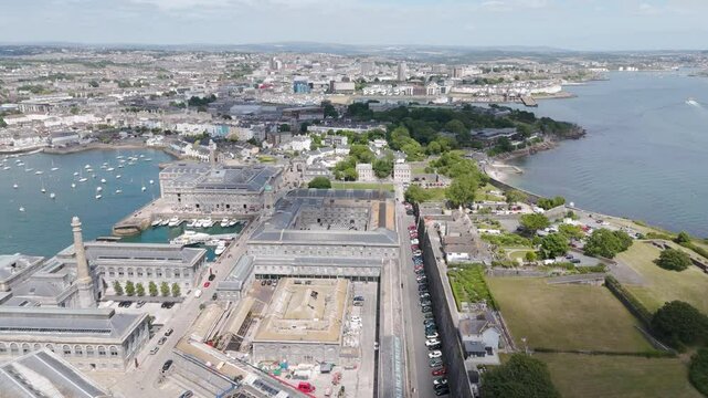 Drone of the Royal William Yard in Plymouth UK with city vista