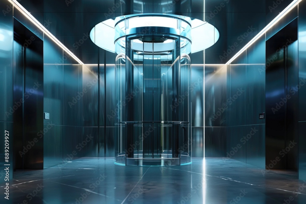 Poster a glass elevator with a circular light fixture inside