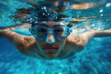 Naklejka premium swimmer wearing goggles reaching pool edge after lap underwater view