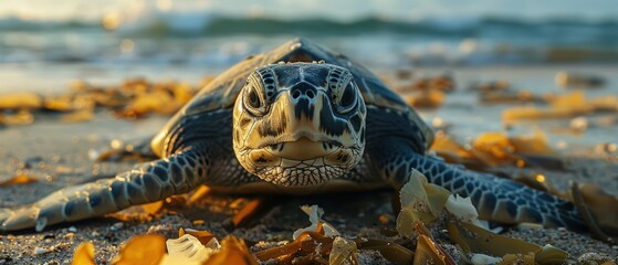 Endangered Turtle Tangled in Plastic Debris on Beach - Ocean Pollution Awareness Concept