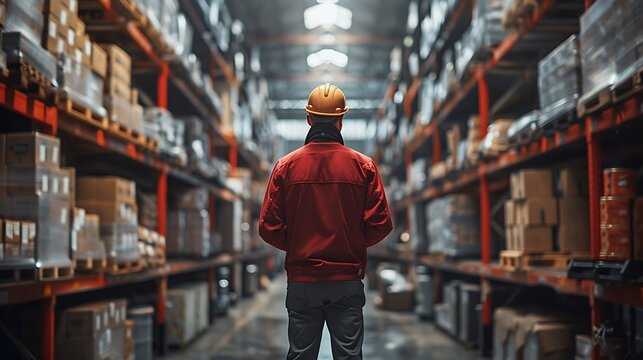 Warehouse worker organizing boxes on shelves, hardhat on floor, busy atmosphere, ultra-realistic