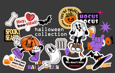 Collection of trendy retro Halloween stickers, patches, labels, tags, stamps. Funny Halloween phrases and jokes. Groovy Vector set isolated background