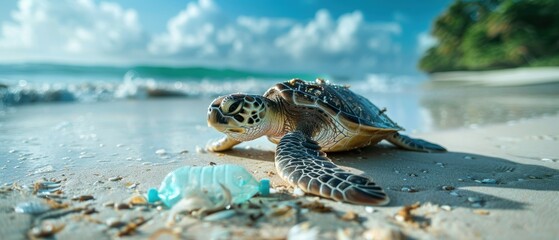 Obraz premium Endangered Sea Turtle Trapped in Plastic Pollution on Sandy Beach - Environmental Crisis Concept