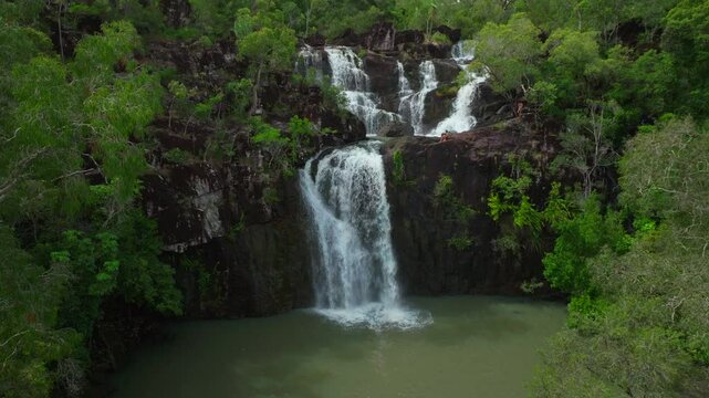 Cedar Creek Falls Whitsundays Airlie Beach Proserpine Waterfalls aerial drone Australia reserve Palm Grove QLD Queensland Rainy wet season spring summer autumn winter sunny cloudy forward pan up