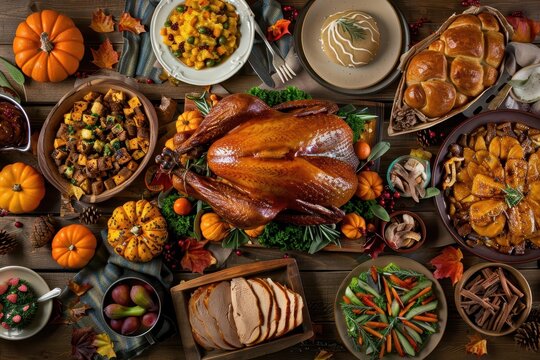 thanksgiving turkey feast on rustic wooden table top view food photography
