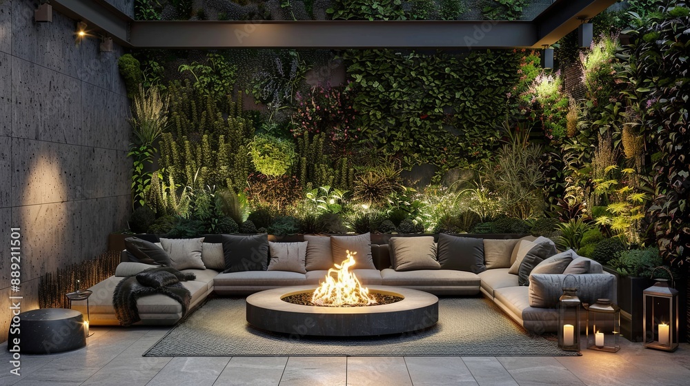 Sticker A large patio with a fire pit and a wall of plants