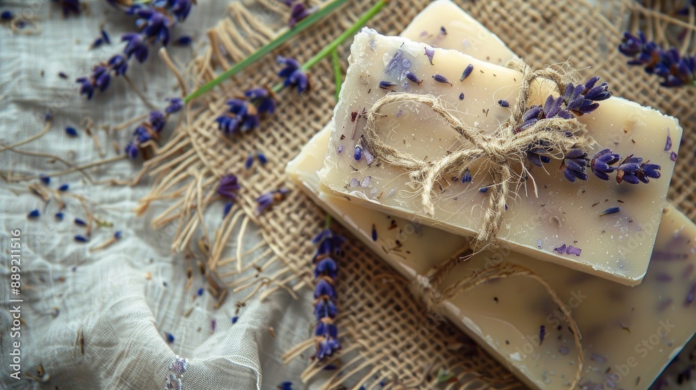 Poster Organic lavender soap set with dried lavender and jute cloth on linen backdrop