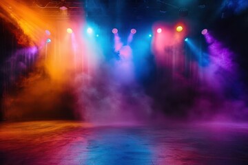 Naklejka premium theatrical stage bathed in vibrant colorful spotlights smoke effects add atmosphere as the lights create a dynamic and captivating visual display for a concert or performance setting