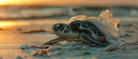 Fototapeta premium Endangered Sea Turtle Trapped in Plastic Bag on Pollution-Ridden Beach - Marine Litter Threat Concept