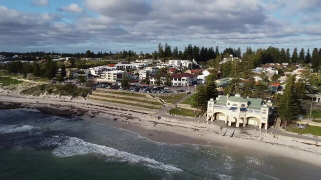 High Aerial panning Cottesloe Beach to South Cott to Indian Ocean, Perth, WA