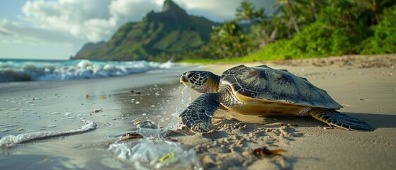 Endangered Turtle Trapped in Plastic Bag on Scenic Shoreline - Environmental Pollution Awareness Concept
