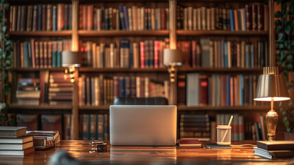 home office interior with laptop on desk and bookcase full of books in the background