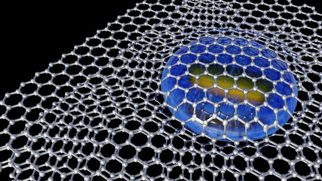 3D rendering depicts gold nanoparticles coated with polyamines suspended within a graphene liquid cell.