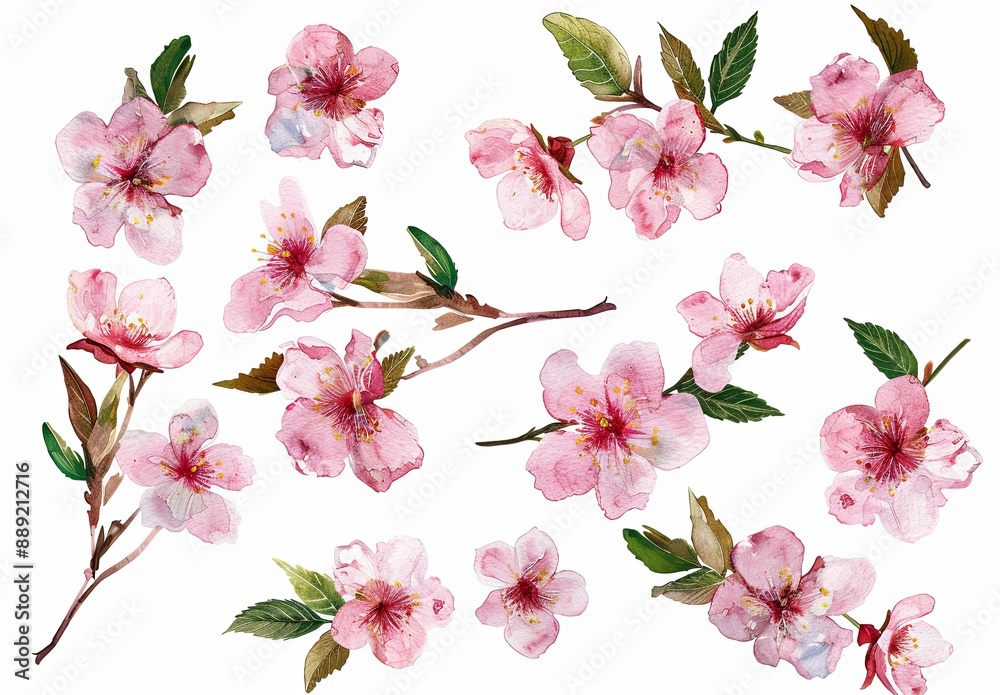 Canvas Prints A series of pink flowers are painted on a white background