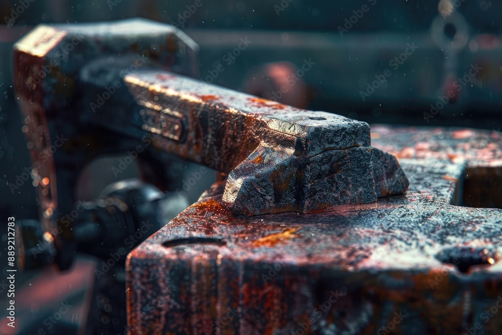 Poster a close-up of a rusty metal object with a hammer stuck in it, possibly used for diy or repair purpos