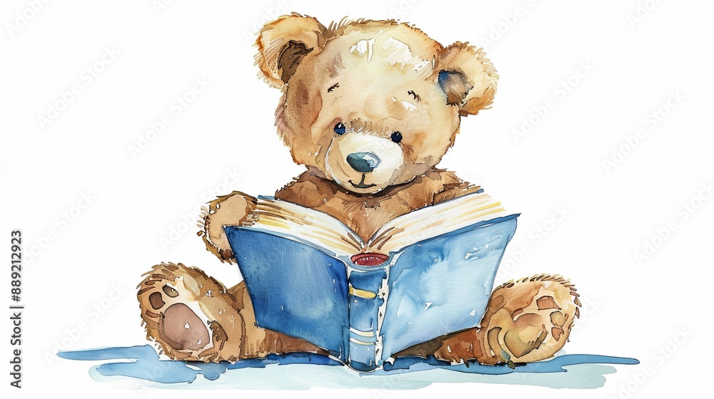 Poster A teddy bear is sitting on a bed reading a book