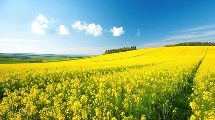 Fototapeta premium Expansive Yellow Rapeseed Fields Under Clear Blue Sky