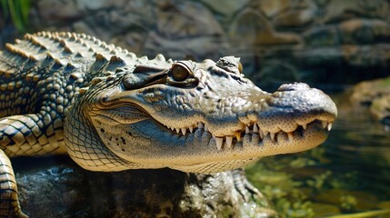 Obraz premium Majestic Crocodile Resting by the Water's Edge in Natural Habitat