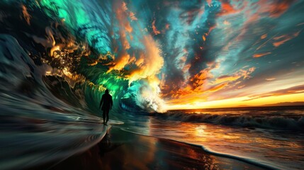 beautifully colorful waves with vivid, sparkling colors under an otherworldly sky aglow with fantastical aurora hues, featuring mythical sea creatures swimming gracefully