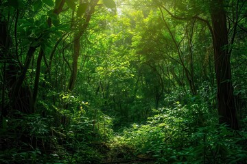 Obraz premium tranquil green forest with lush foliage and dappled sunlight nature landscape