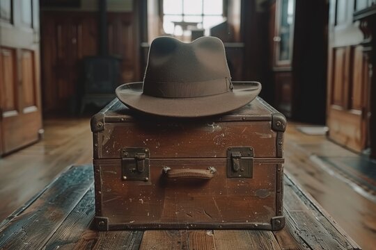 Vintage hat on suitcase cozy indoor scene nostalgic vibes inviting setting detailed and artistic peaceful atmosphere rustic decor