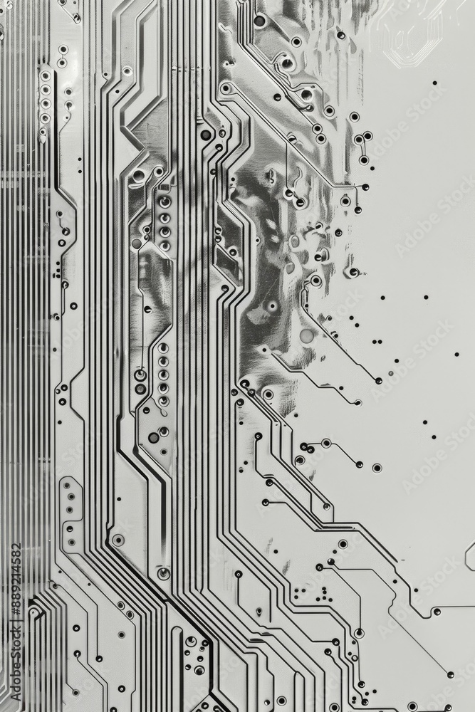 Poster black and white abstract circuit design, showcasing modern technology, digital networks, and minimal