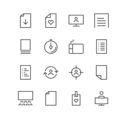 Set of business and communication icons, paper, document, presentation, personal, file and linear variety vectors.	
