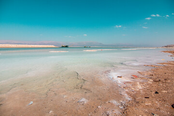 Panoramic view of the Dead Sea, a view of the mountain landscape in the Judean Desert in southern Israel. High quality photo