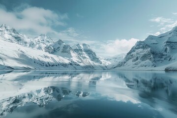 tranquil snowy mountains reflected in pristine lake majestic winter landscape scene