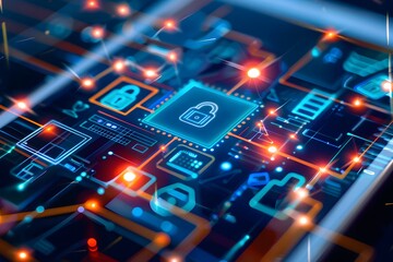 digital tablet showing secure transaction process, with encryption symbols and digital data streams