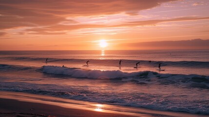 Obraz premium A serene sunset over a beach with a group of surfers catching the last waves of the day